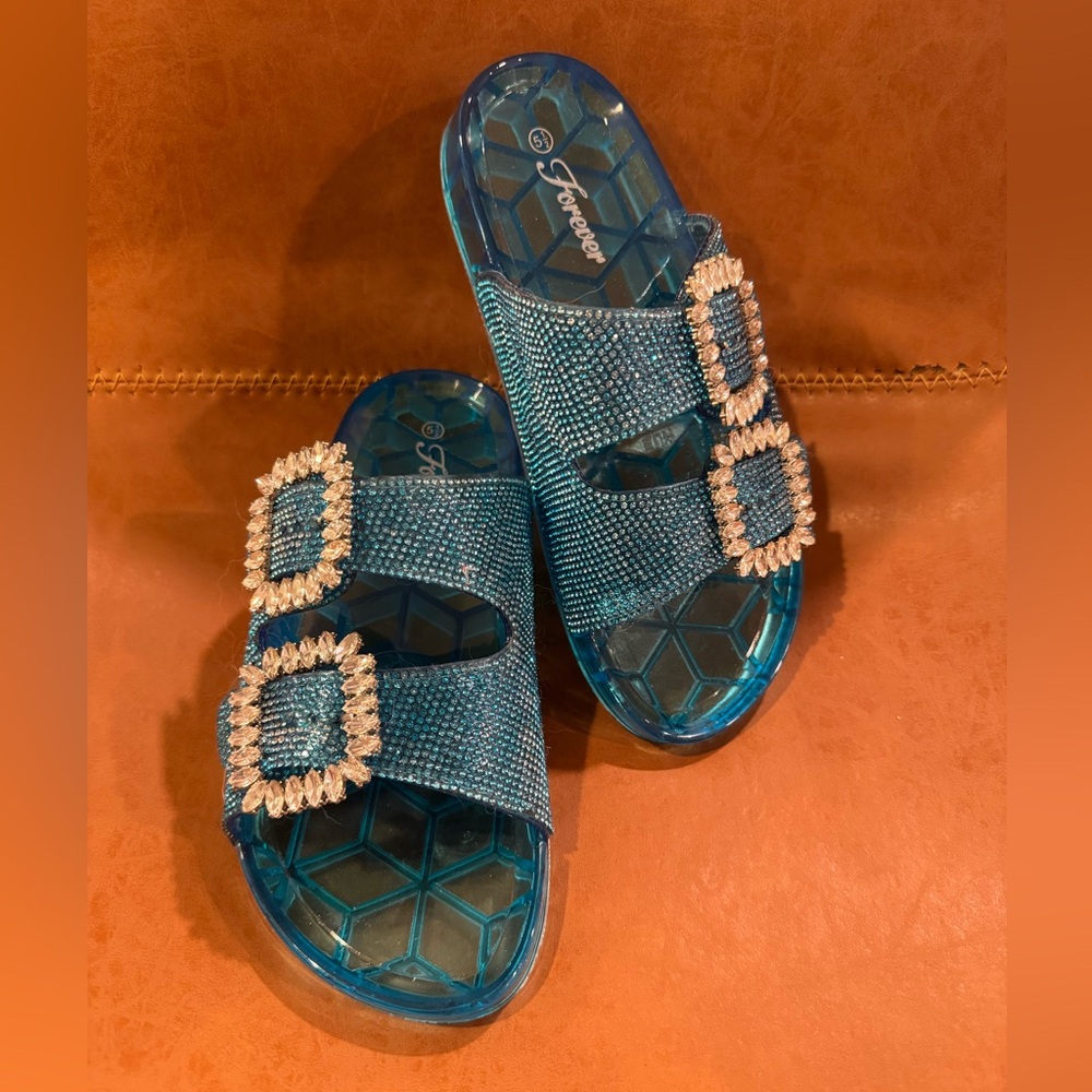 Blue Jelly Slide Sandals with Embellished Buckles